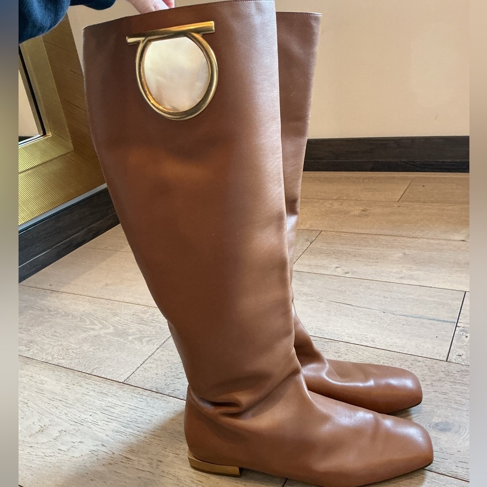 Salvatore Ferragamo Avio Signature O-Ring Knee-high Boots with Gold Accent - Picture 2 of 5